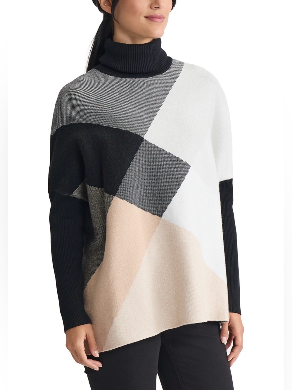 JONES NEW YORK Geometric Colorblock Turtleneck Sweater - Black, Gray & Cream